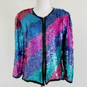 Vintage Stenay Sequin Bead Embroidery Colorful Striped Blazer Jacket Dynasty